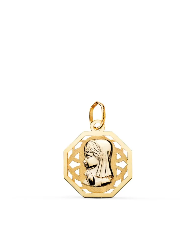 Medalla oro 18k amarillo Virgen Niña octogonal calada mate