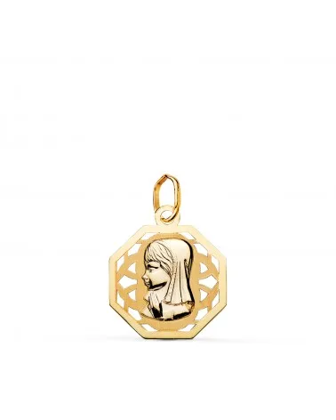 Medalla oro 18k amarillo Virgen Niña octogonal calada mate