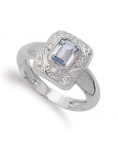 Sortija oro 18k blanco motivo rectangular con aguamarina