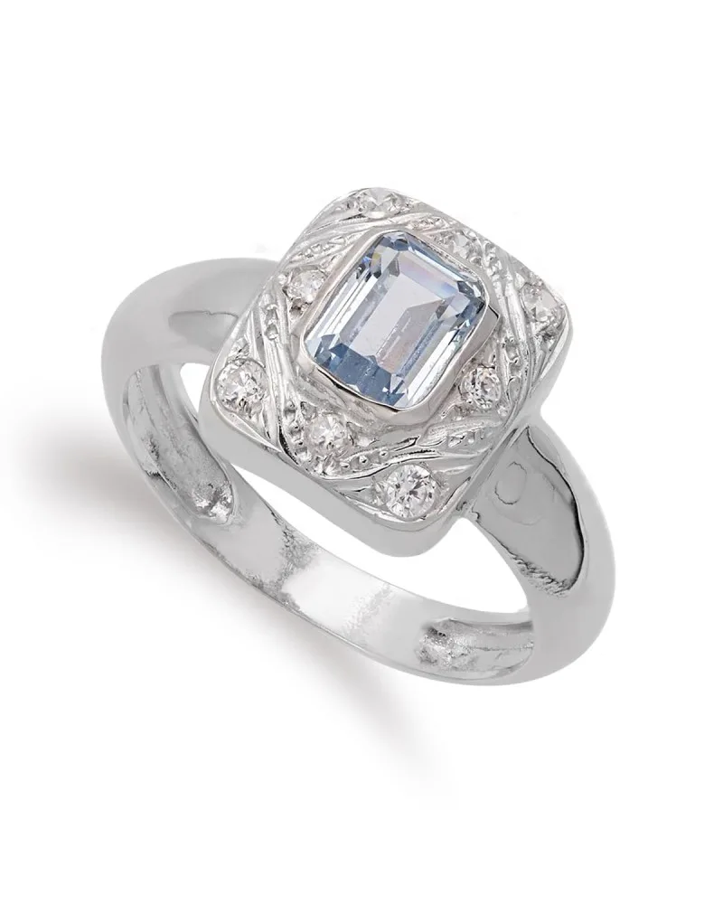 Sortija oro 18k blanco motivo rectangular con aguamarina