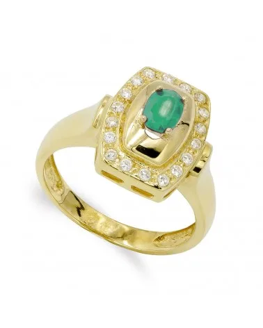 Sortija oro 18k amarillo con circonitas y esmeralda de 6x4 mm