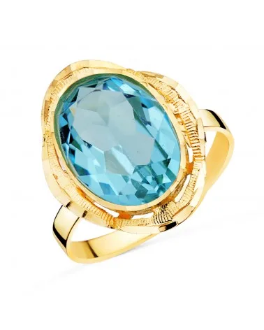 Sortija oro 18k amarillo aguamarina oval cerco tallado