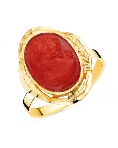 Sortija oro 18k amarillo camafeo coral oval cerco tallado