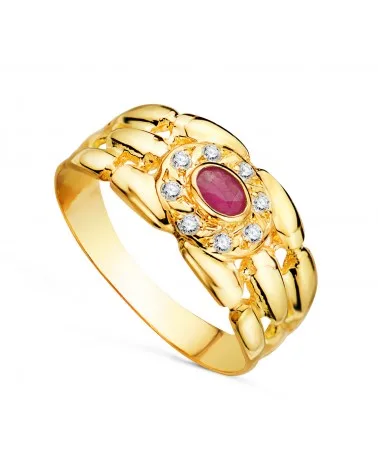 Sortija oro 18k amarillo panter con circonitas y rubí natural