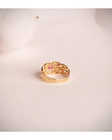 Sortija oro 18k amarillo panter con circonitas y rubí natural