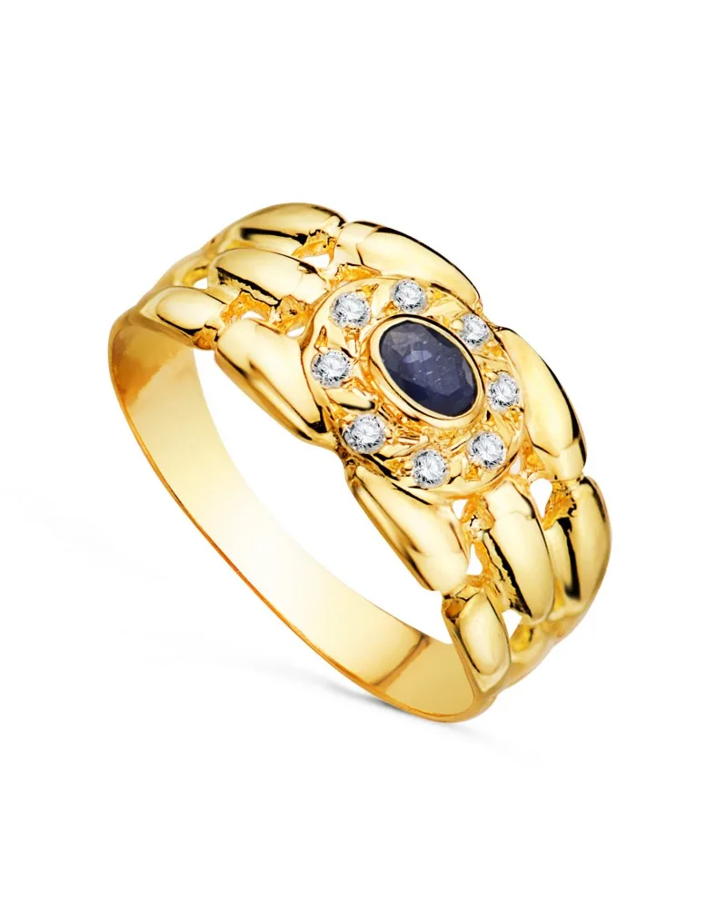 Sortija oro 18k amarillo panter con circonitas y zafiro