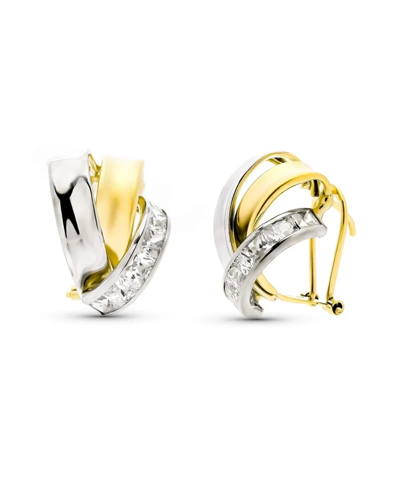 Pendientes oro 9k bicolor bandas con circonitas 16x13 mm