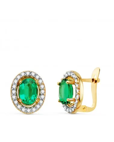 Pendientes oro 9k circonitas y esmeralda 6x4 mm