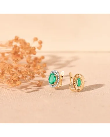 Pendientes oro 9k circonitas y esmeralda 6x4 mm