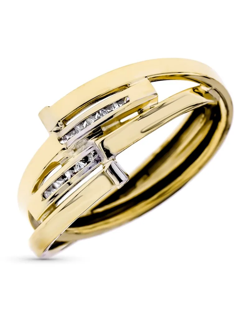 Sortija oro 9k amarillo bandas cruzadas con circonitas 10 mm