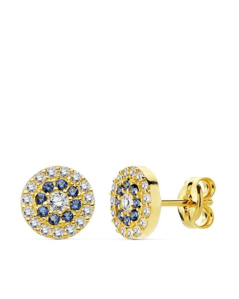 Pendientes oro 9k circonitas blancas y azules 7 mm