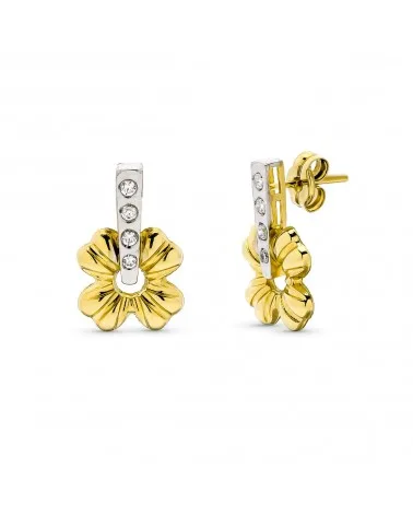 Pendientes oro 9k bicolor flor con circonitas en carril
