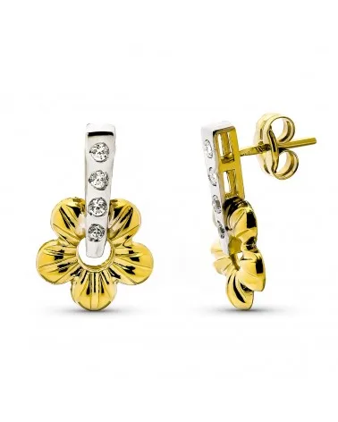 Pendientes oro 9k bicolor flor banda circonita