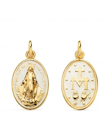 Medalla oro 9k amarillo Virgen Milagrosa oval esmalte blanco