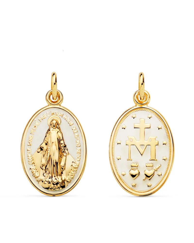 Medalla oro 9k amarillo Virgen Milagrosa oval esmalte blanco