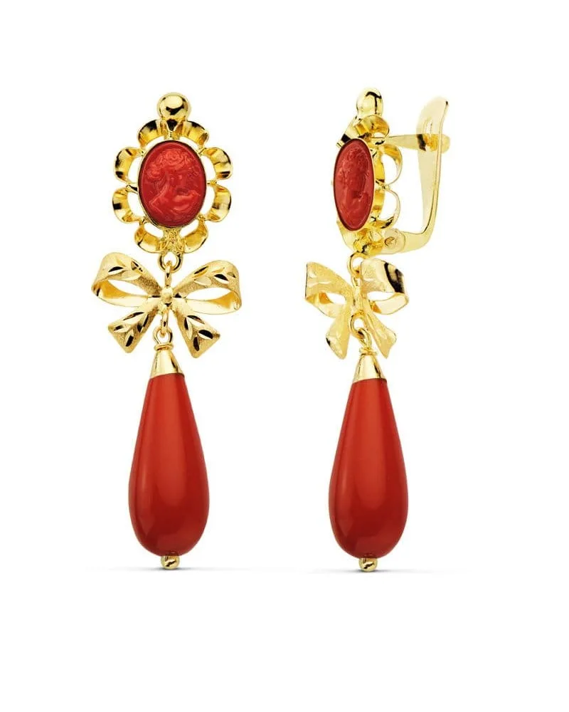 Pendientes oro 18k amarillo cubanas coralina camafeo 42x13 mm