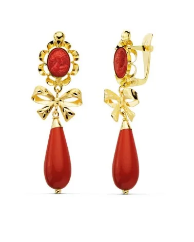 Pendientes oro 18k amarillo cubanas coralina camafeo 42x13 mm