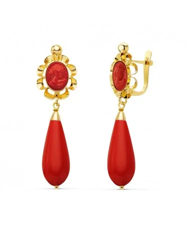 Pendientes oro 18k amarillo cubanas coralina camafeo 38x10 mm