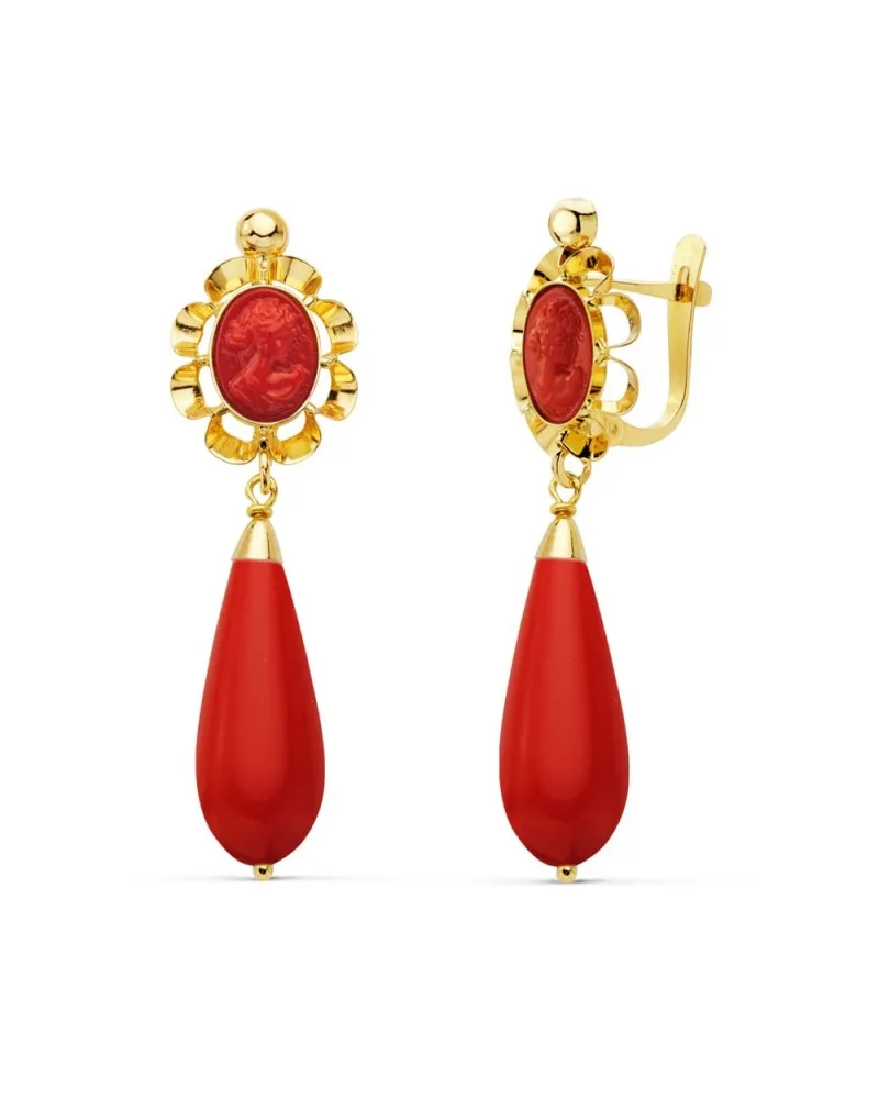 Pendientes oro 18k amarillo cubanas coralina camafeo 38x10 mm