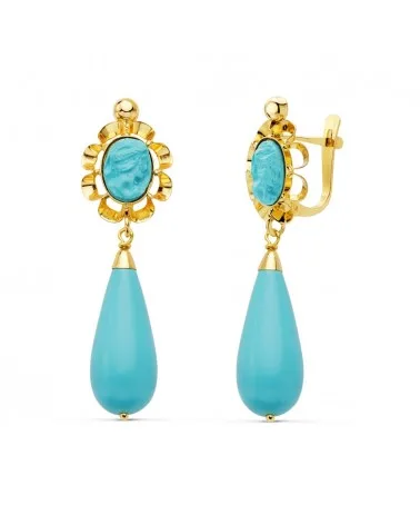 Pendientes oro 18k amarillo cubanas turquesa sintetica 38x10 m