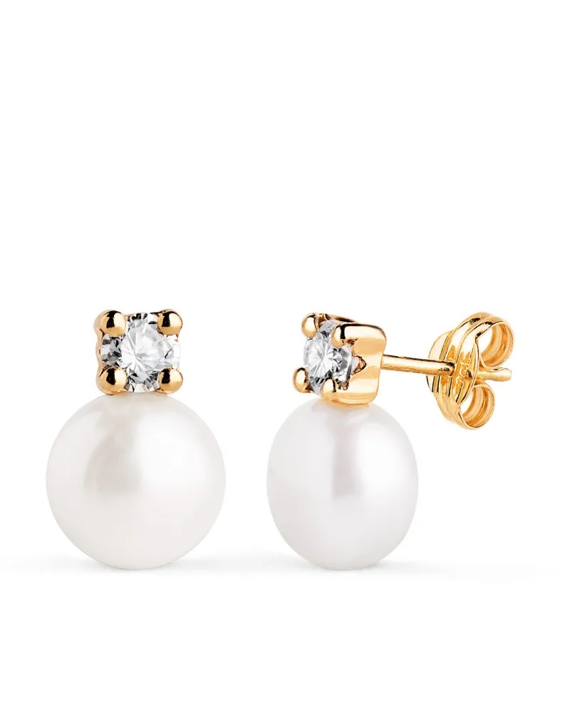 Pendientes oro 18k amarillo tu y yo perla con circonita