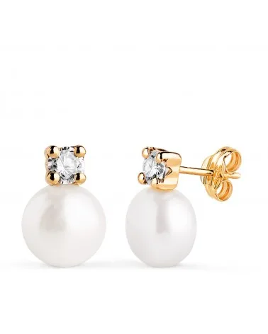 Pendientes oro 18k amarillo tu y yo perla con circonita