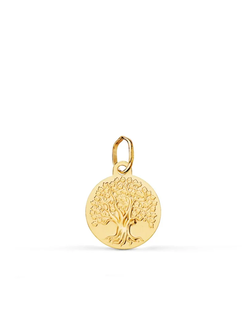 Medalla oro 18k amarillo árbol de la vida matizada 12 mm