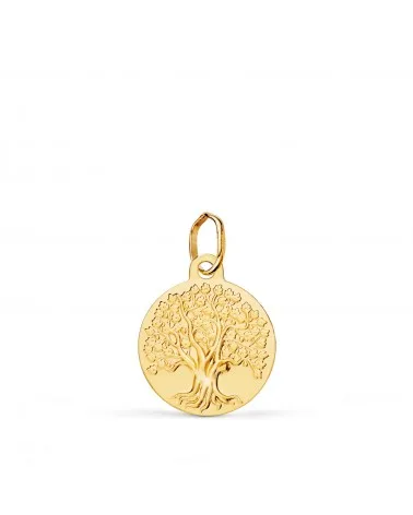 Medalla oro 18k amarillo árbol de la vida matizada 14 mm