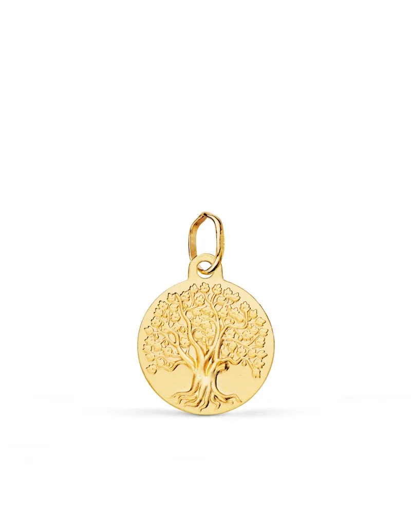 Medalla oro 18k amarillo árbol de la vida matizada 14 mm