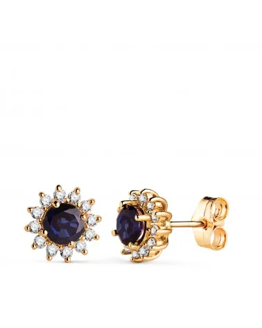 Pendientes oro 18k amarillo 24 diamantes de laboratorio zafiro