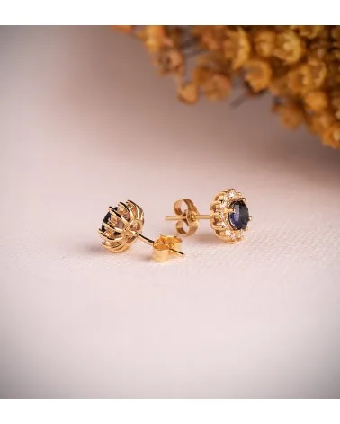 Pendientes oro 18k amarillo 24 diamantes de laboratorio zafiro