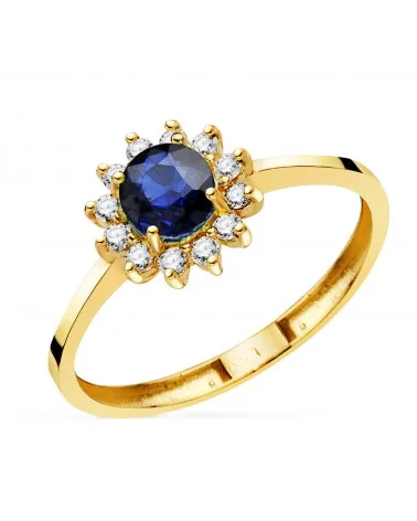 Sortija oro 18k amarillo rosetón zafiro y diamantes de laboratorio