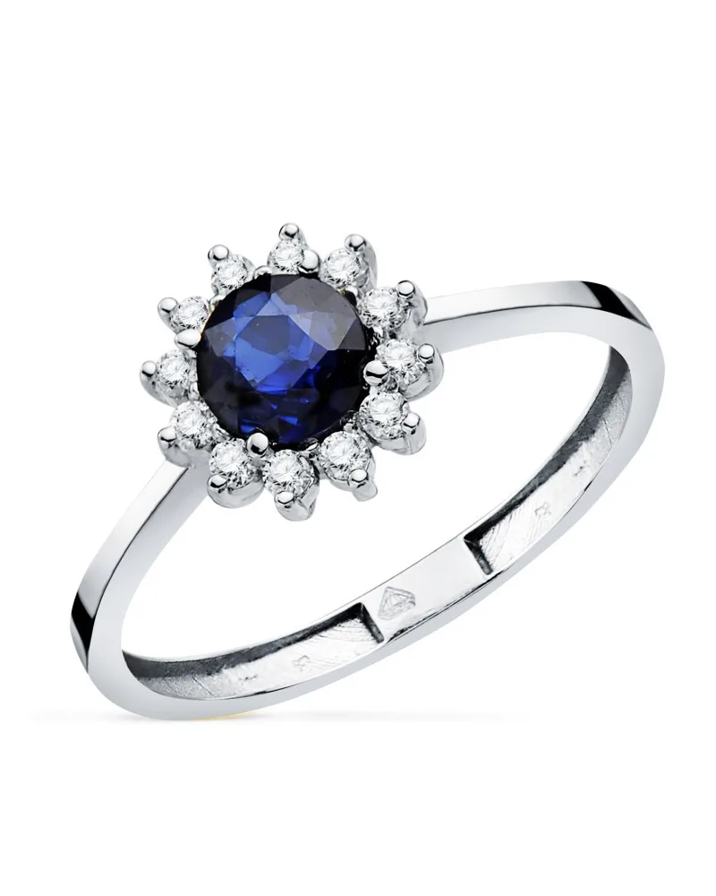 Sortija oro 18k blanco rosetón zafiro y diamantes de laboratorio