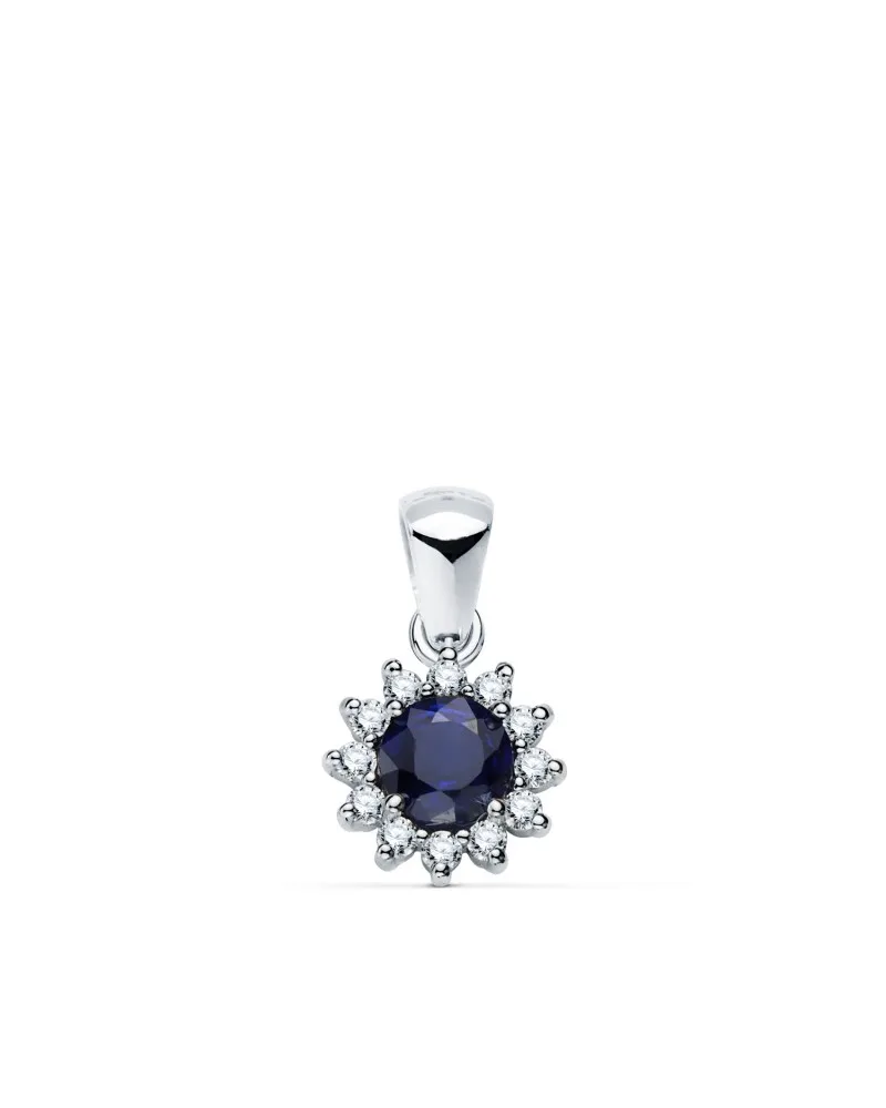 Colgante oro 18k blanco 12 diamantes de laboratorio y zafiro