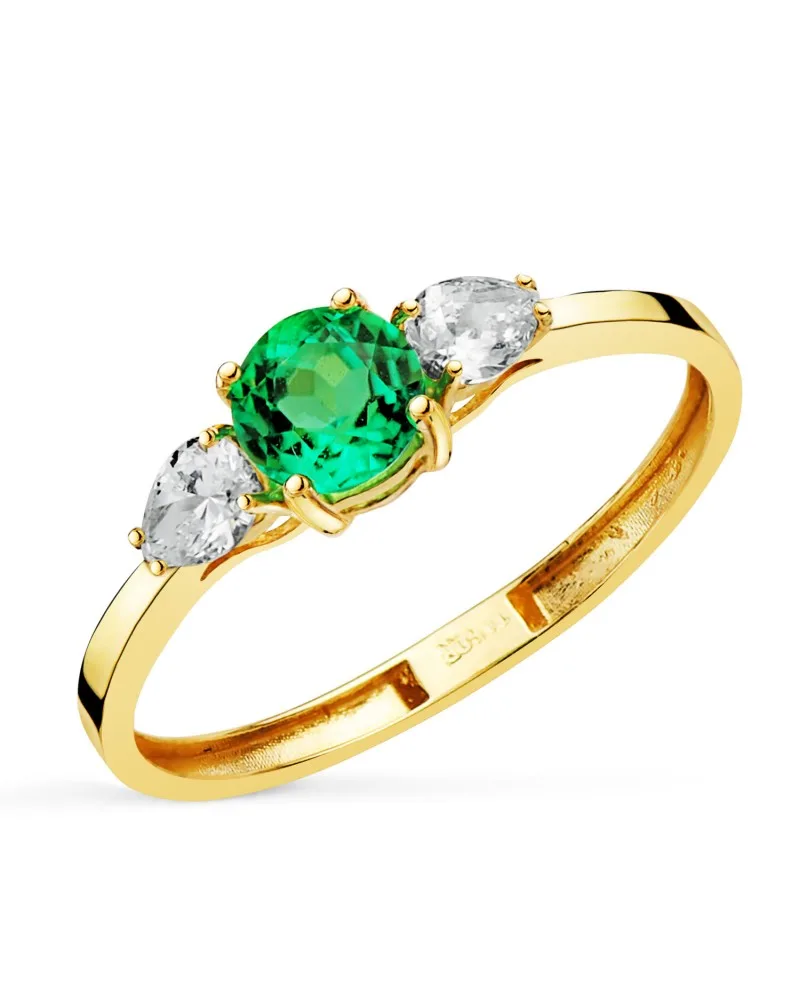Sortija oro 18k amarillo diamantes de laboratorio talla pera 0,29 quilates esmeralda