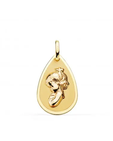 Medalla oro 18k amarillo Virgen Niña gota brillo y mate 23x15