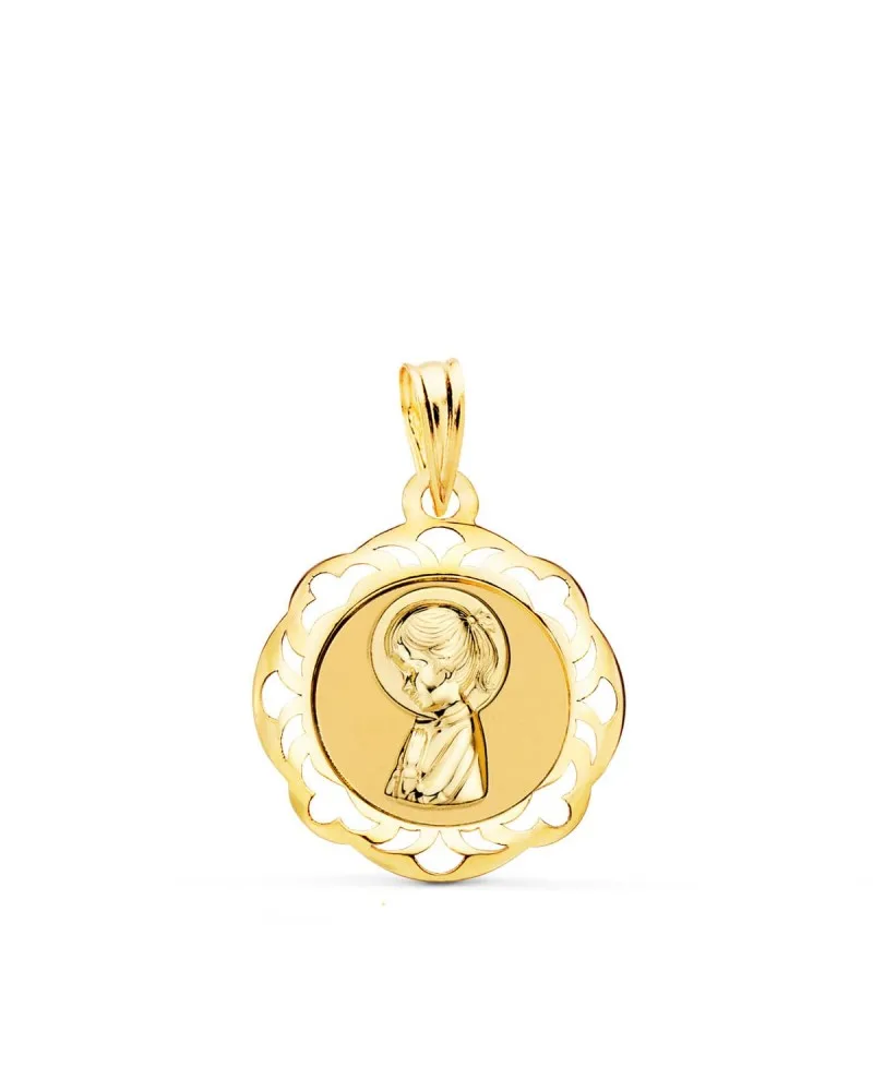 Medalla oro 18k amarillo Virgen Niña cerco calado brillo 20x18 mm