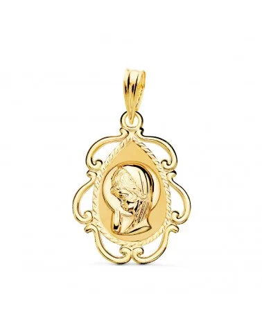 Medalla oro 18k amarillo Virgen Niña cerco calado brillo 22x16 mm