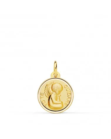 Medalla oro 18k amarillo angelito "yo te cuidare" bisel 14 mm
