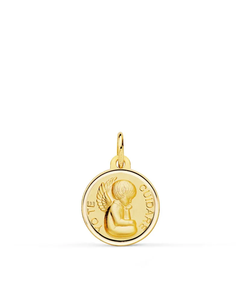 Medalla oro 18k amarillo angelito "yo te cuidare" bisel 14 mm