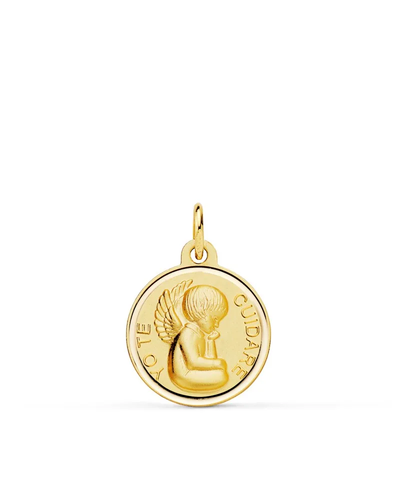 Medalla oro 18k amarillo angelito "yo te cuidare" bisel 16 mm
