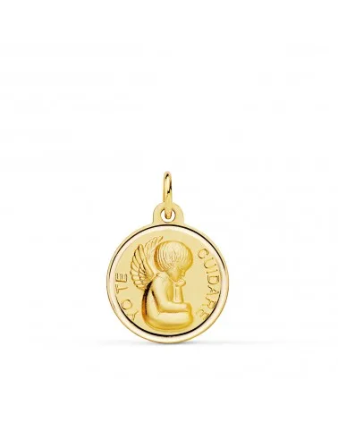 Medalla oro 18k amarillo angelito "yo te cuidare" bisel 16 mm