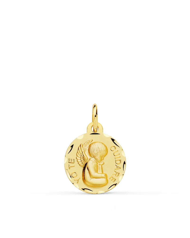 Medalla oro 18k amarillo angelito "yo te cuidare" tallada 14 mm