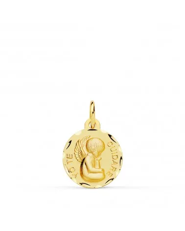 Medalla oro 18k amarillo angelito "yo te cuidare" tallada 14 mm