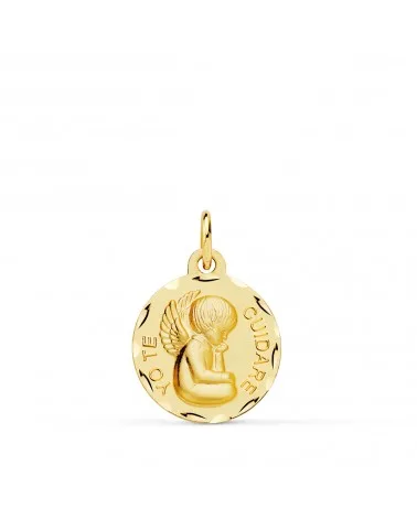 Medalla oro 18k amarillo angelito "yo te cuidare" tallada 16 mm