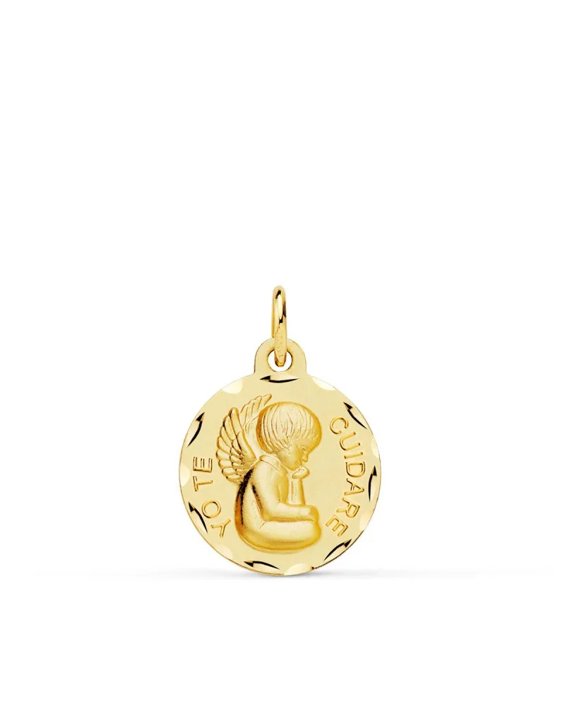 Medalla oro 18k amarillo angelito "yo te cuidare" tallada 16 mm
