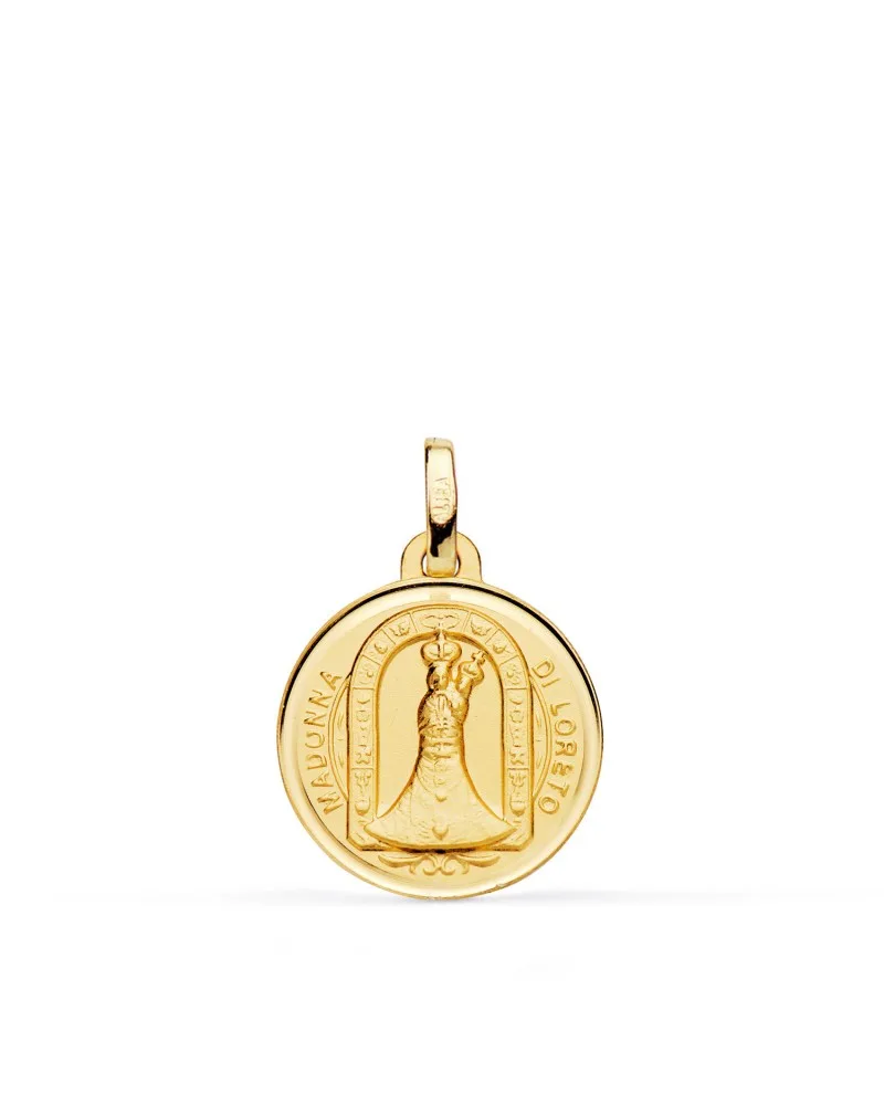 Medalla oro 18k amarillo Virgen de loreto con bisel y matizada