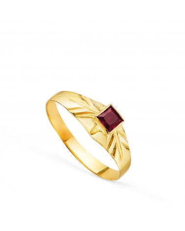 Solitario oro 18k amarillo pequeño bebé o meñique circonita roja 3 mm