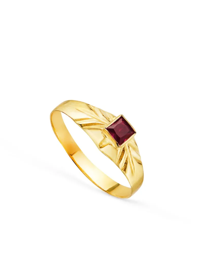 Solitario oro 18k amarillo pequeño bebé o meñique circonita roja 3 mm