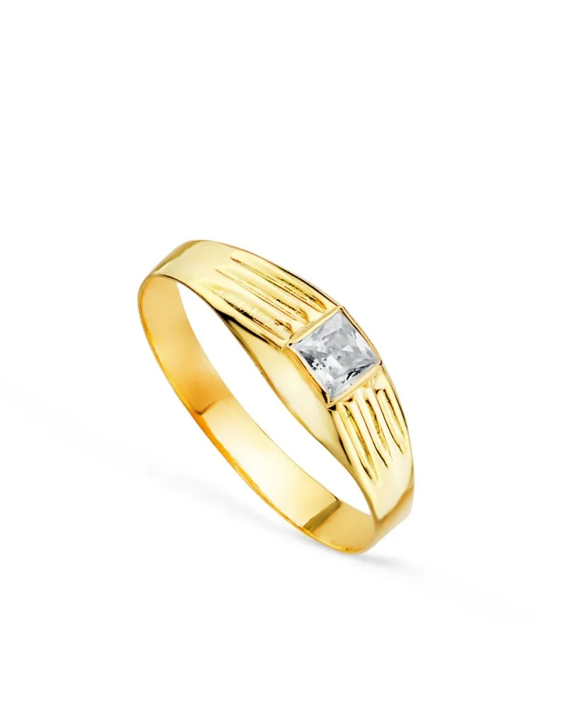 Solitario oro 18k amarillo bebé o meñique circonita blanca 3x3 mm laterales estriados